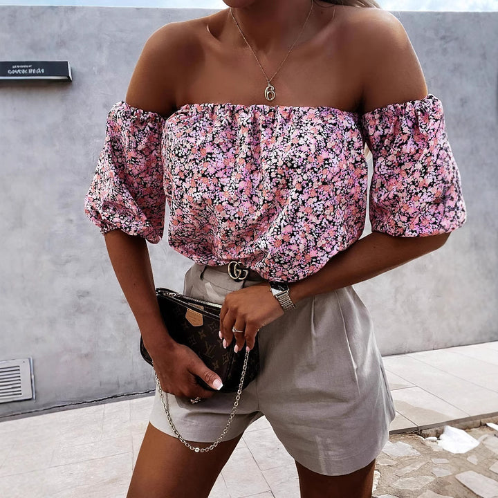 Ladies Off-Shoulder Blouse with Voluminous Puff Sleeves and Floral Pattern Lune London