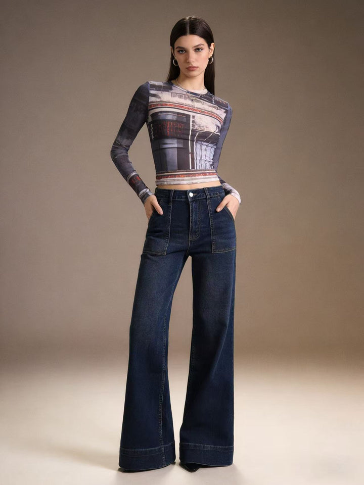 Women High-Waist Wide-Leg Pants with Trendy Patch Lisslune