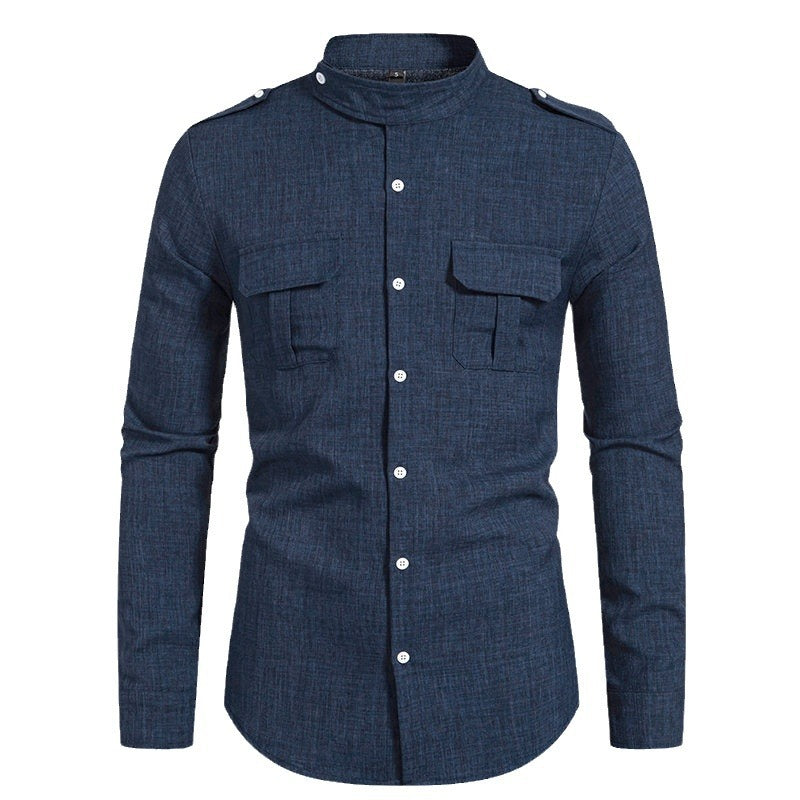 Men's long sleeve shirt with elegant breast pockets and modern stand-up collar Lisslune