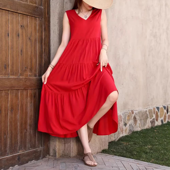 Damen Elegantes Sommer-Maxi-Kleid mit voluminösem Rock und V-Ausschnitt Lisslune
