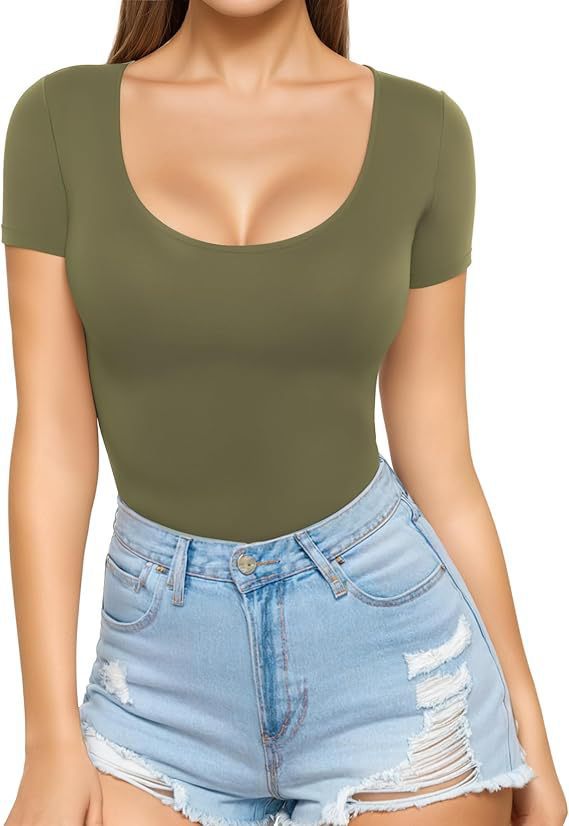 Damen figurbetontes Kurzarm-Body mit rundem Ausschnitt und nahtlosem Design Lisslune