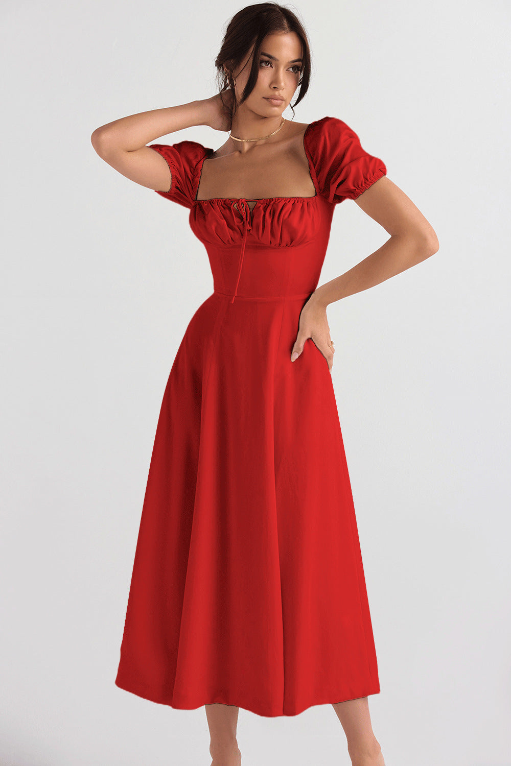 Women's midi dress with gathered bodice and flared skirt
