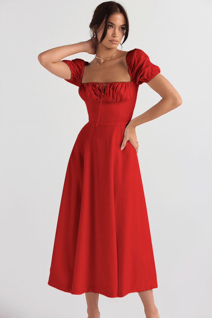 Women's midi dress with gathered bodice and flared skirt