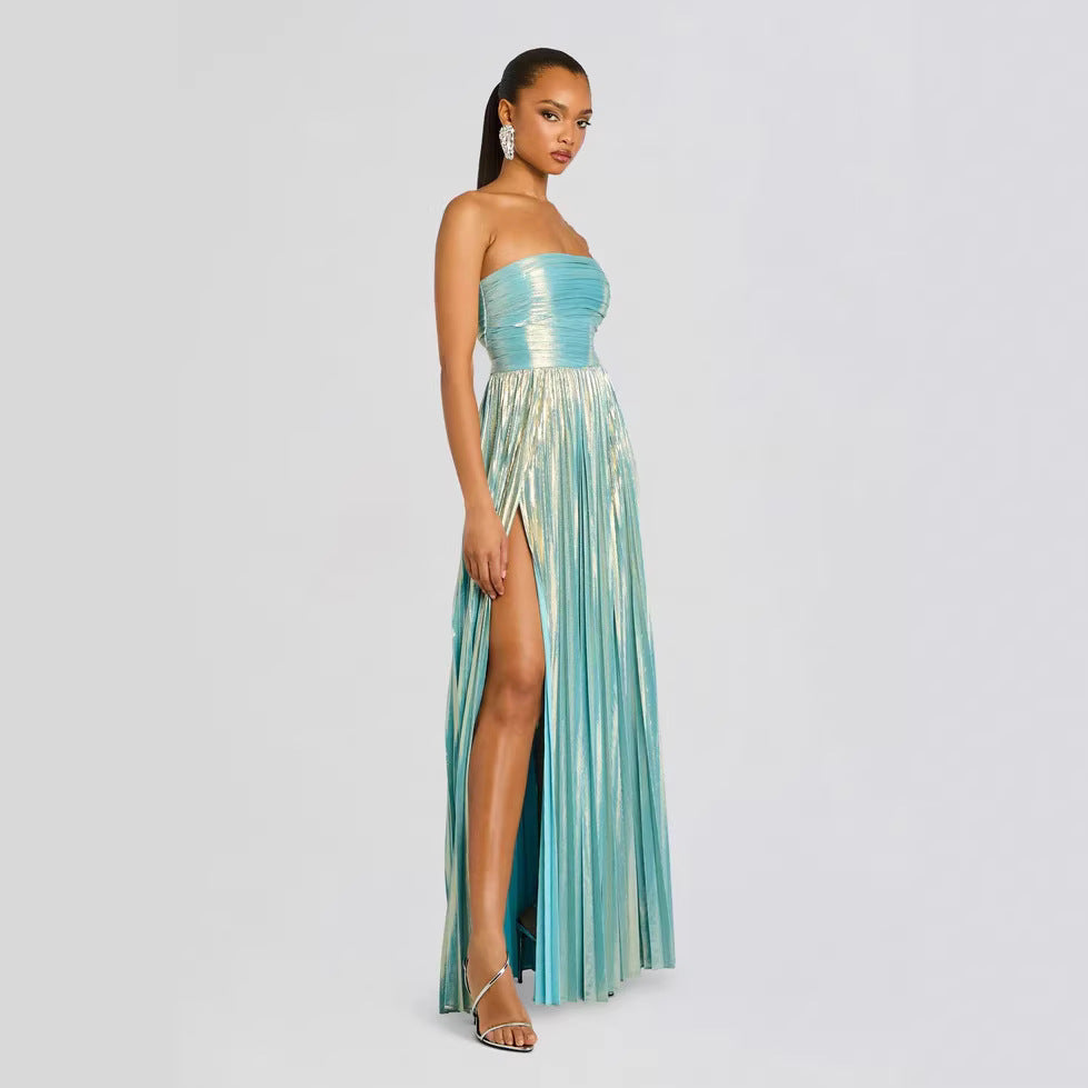 Women's Glamorous Evening Dress with High Slit and Pleated Details Lune London