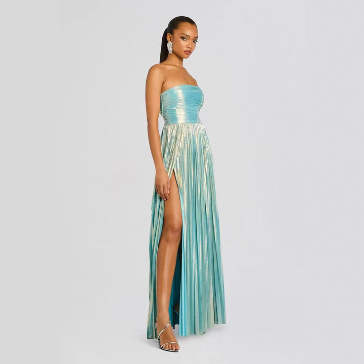 Women's Glamorous Evening Dress with High Slit and Pleated Details Lune London