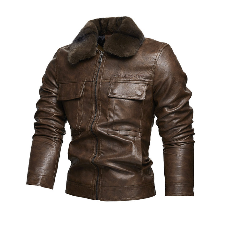 Men's Leather Jacket with Warm Collar and Practical Pockets Lisslune
