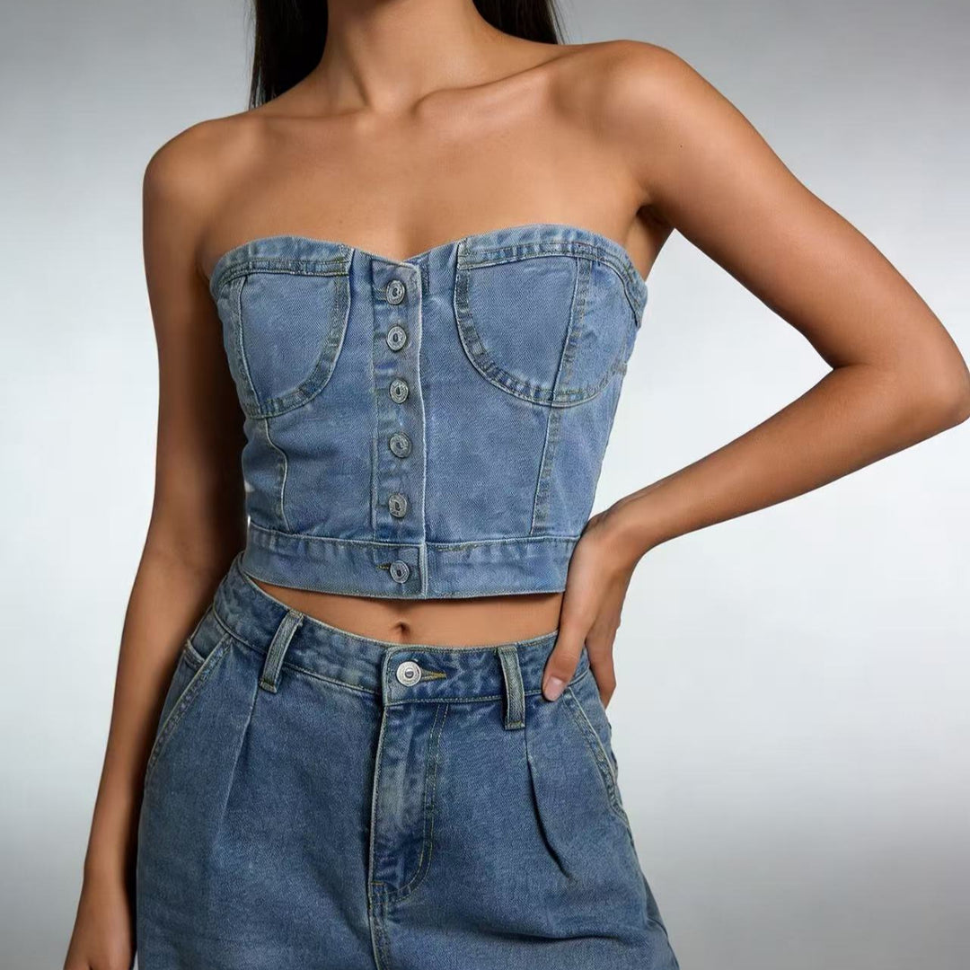 Women Denim Bustier Top with Button Details and Tailored Cut Lisslune