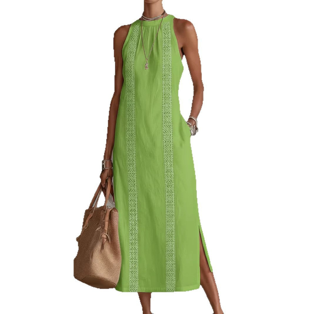 Damen Elegantes Sommer-Maxi-Kleid mit Spitzenapplikation und seitlichem Schlitz Lisslune