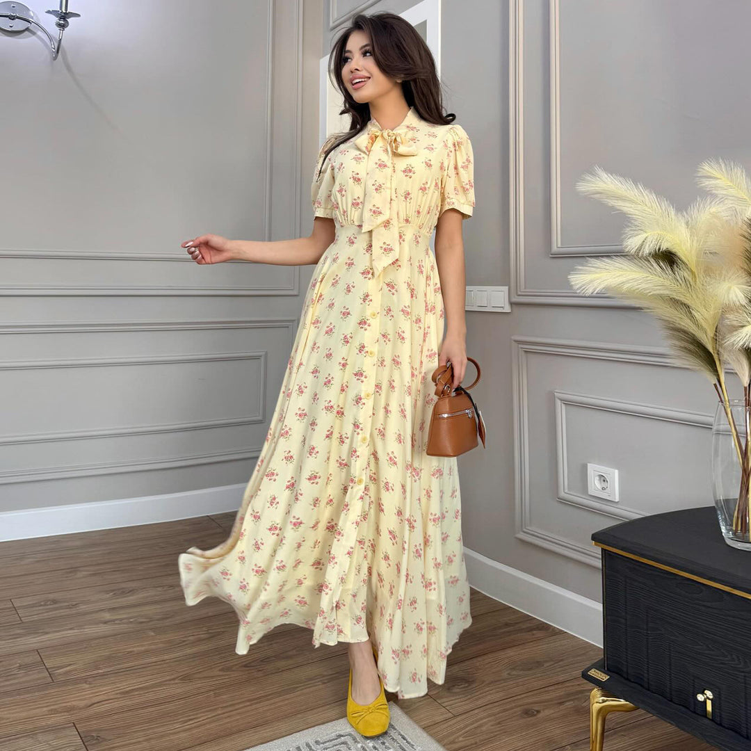 Women's maxi dress with elegant bow tie and romantic flower pattern Lisslune