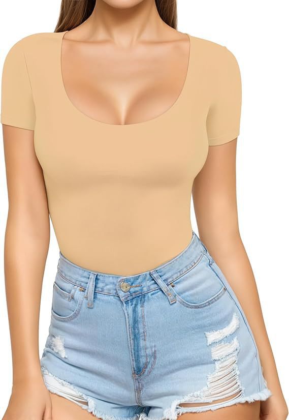 Damen figurbetontes Kurzarm-Body mit rundem Ausschnitt und nahtlosem Design Lisslune