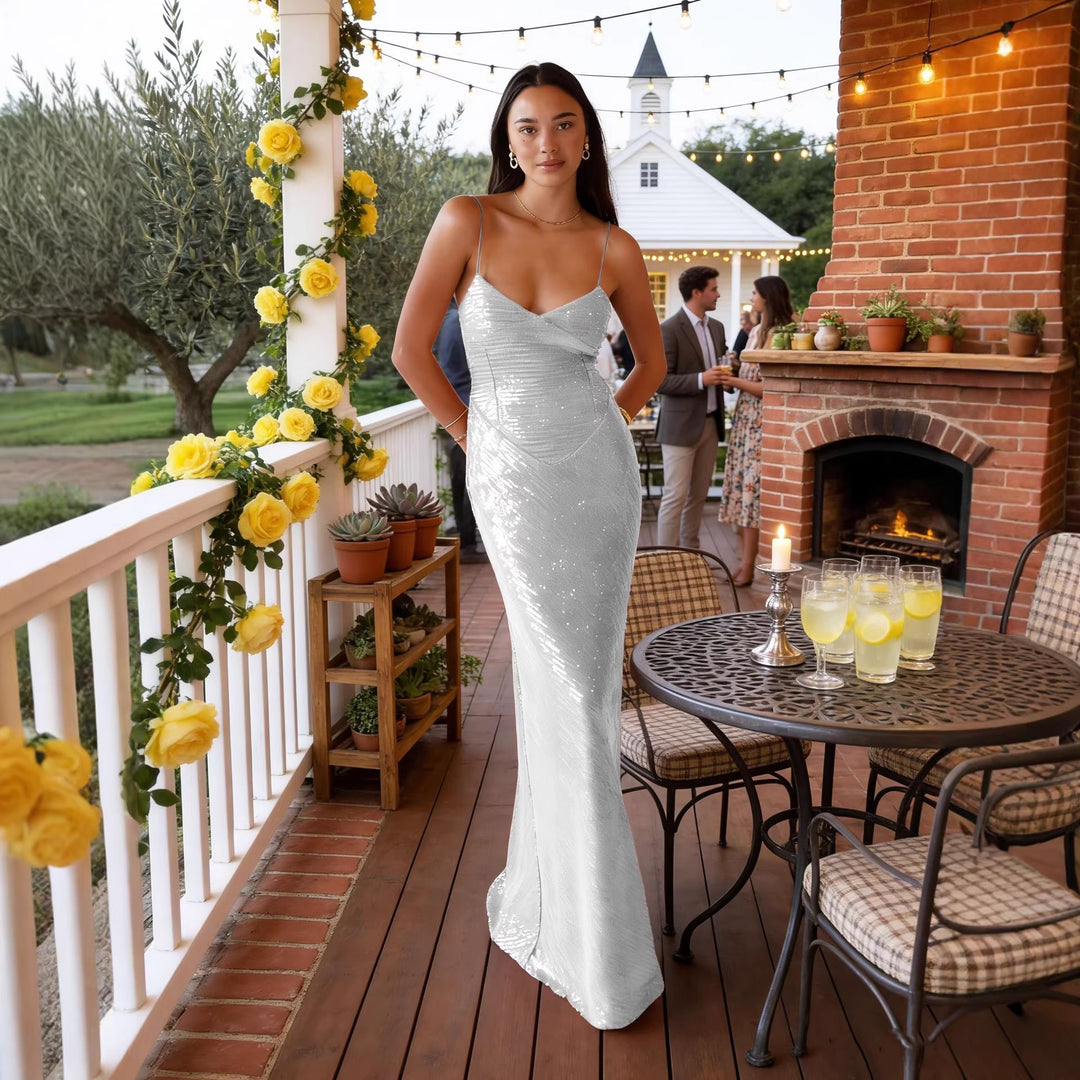 Women's Elegant Evening Dress with Sparkling Sequins and Deep V-Neck Lisslune