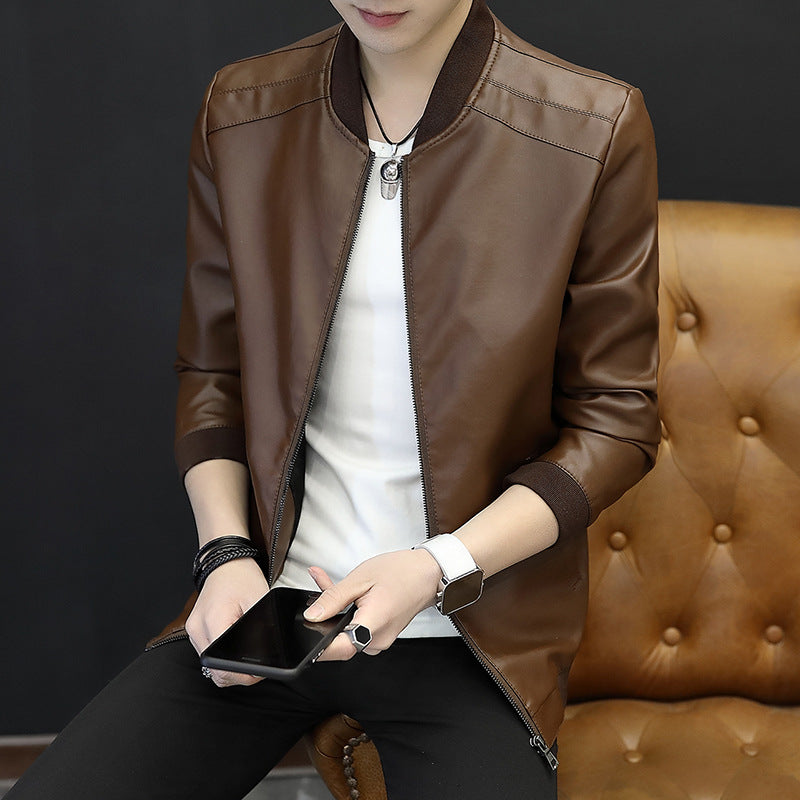 Men's fashionable synthetic leather jacket with sporty cut and practical zippered pockets Lisslune