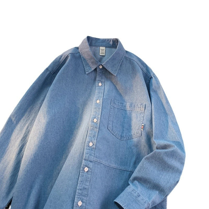 Men's Denim Long Sleeve Shirt with Classic Button-Down Collar Lisslune