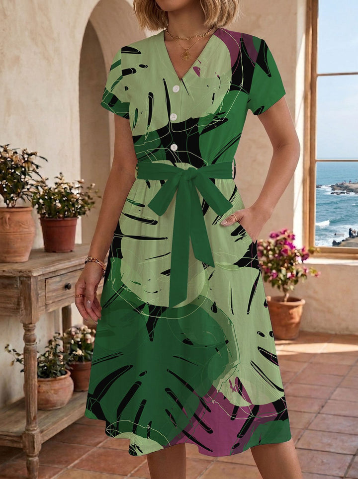 Women's casual maxi dress with adjustable knot and decorative check pattern Lisslune