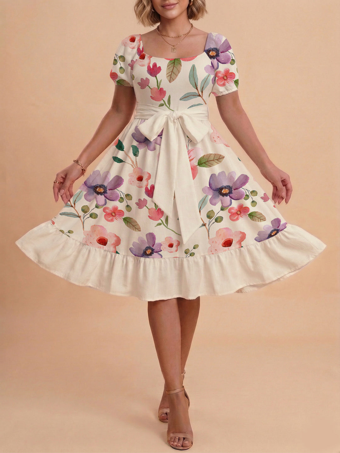 Women's elegant maxi dress with floral design and waist belt Lisslune
