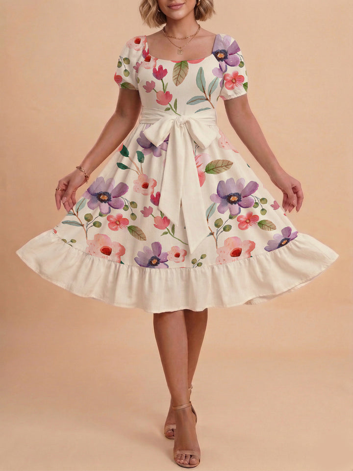 Women's elegant maxi dress with floral design and waist belt Lisslune