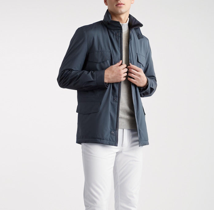 Men's practical transitional jacket with high collar and patch pockets Lisslune