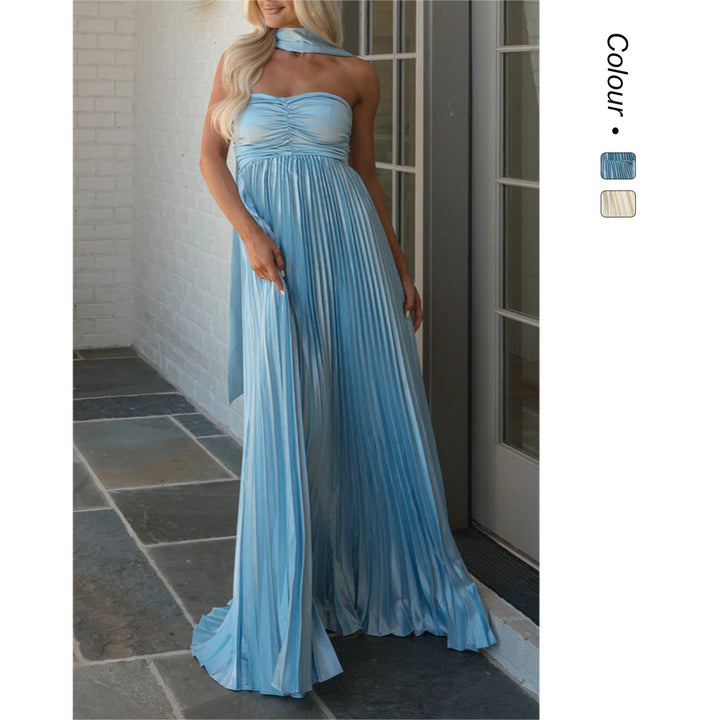 Women's Long Sleeve Maxi Dress with Elegant Pleated Skirt and Off-Shoulder Silhouette