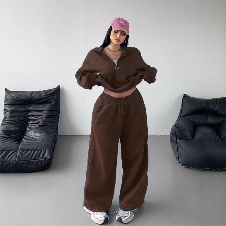 Women's sporty fleece loungewear set with high collar and loose fit Lisslune