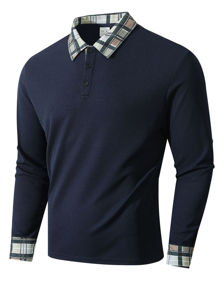 Men's Long Sleeve Polo Shirt with Fashionable Check Collar Lisslune
