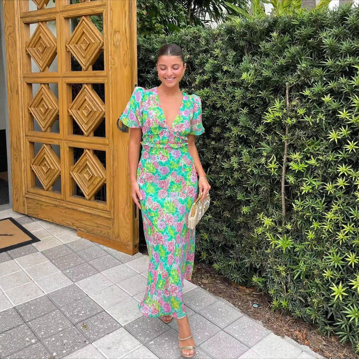 Women’s maxi dress with romantic floral design and flowing cut Lune London
