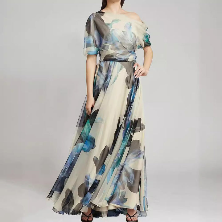 Women elegant chiffon dress with off-shoulder design and floral pattern Lisslune