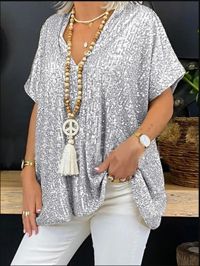 Women Sparkling Sequin Top with Casual Cut and V-Neck Lisslune