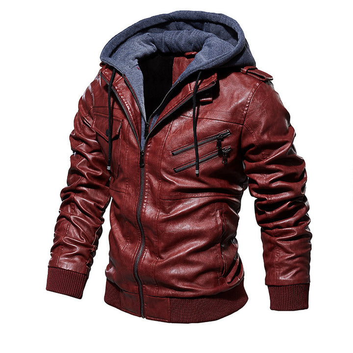 Men's Casual Synthetic Leather Jacket with Removable Hood and Numerous Pockets Lisslune