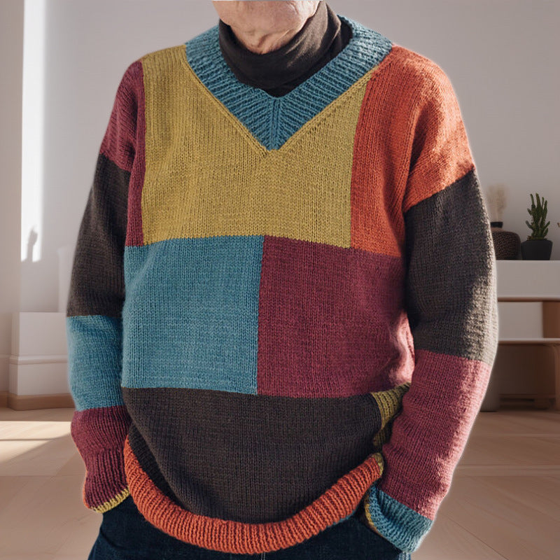 Men's patterned pullover with color block design and modern V-neck Lisslune