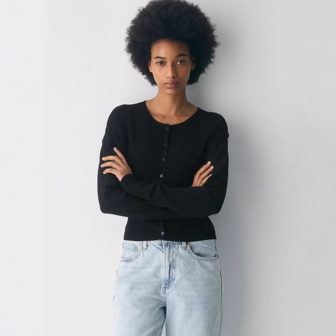 Women's Cropped Cardigan with Button Placket and Ribbed Knit Lisslune