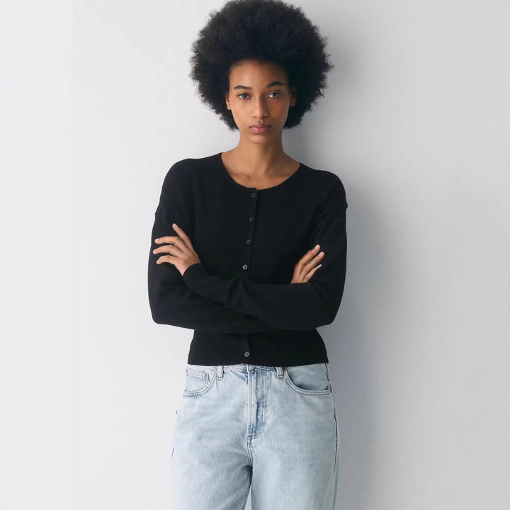 Women's Cropped Cardigan with Button Placket and Ribbed Knit Lisslune