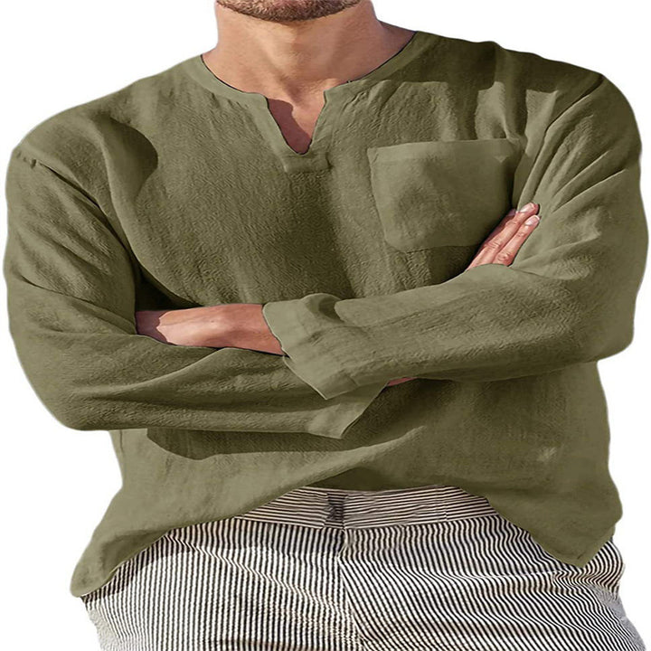Men's linen shirt with casual V-neck and practical chest pocket Lisslune