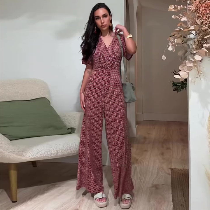 Women's jumpsuit with elastic waistband and deep V-neck Lisslune