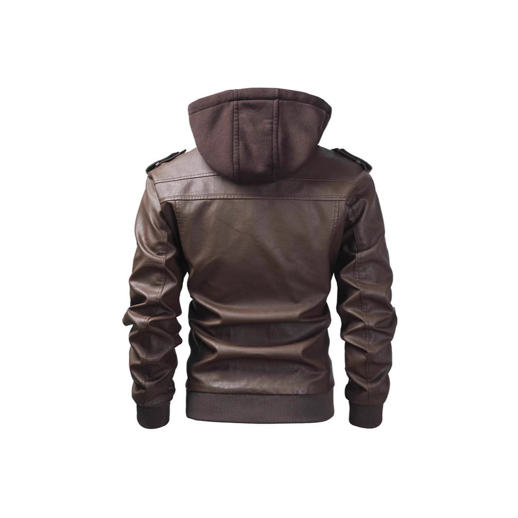 Men's synthetic leather jacket with detachable hood and multifunctional pockets Lisslune