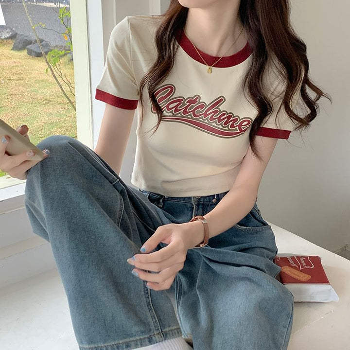 Women’s Casual Crop Top with Contrasting Sleeves and Creative Print Lisslune