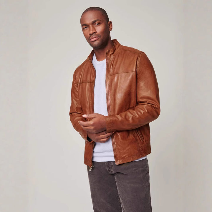 Men's leather jacket in classic design with practical pockets Lisslune