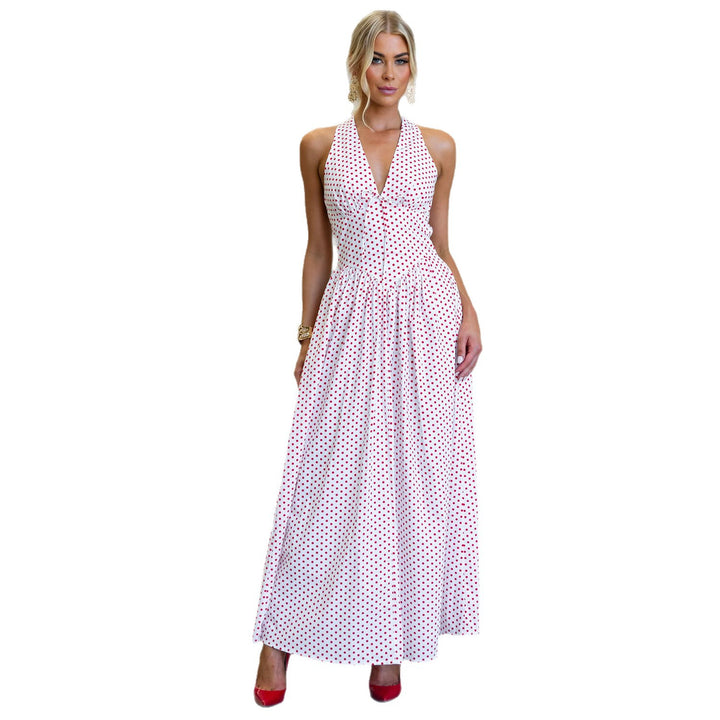 Women’s maxi dress with deep V-neckline and playful polka dot pattern