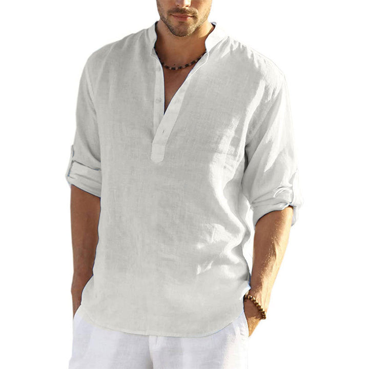 Men's linen shirt with modern stand-up collar and practical button details Lisslune