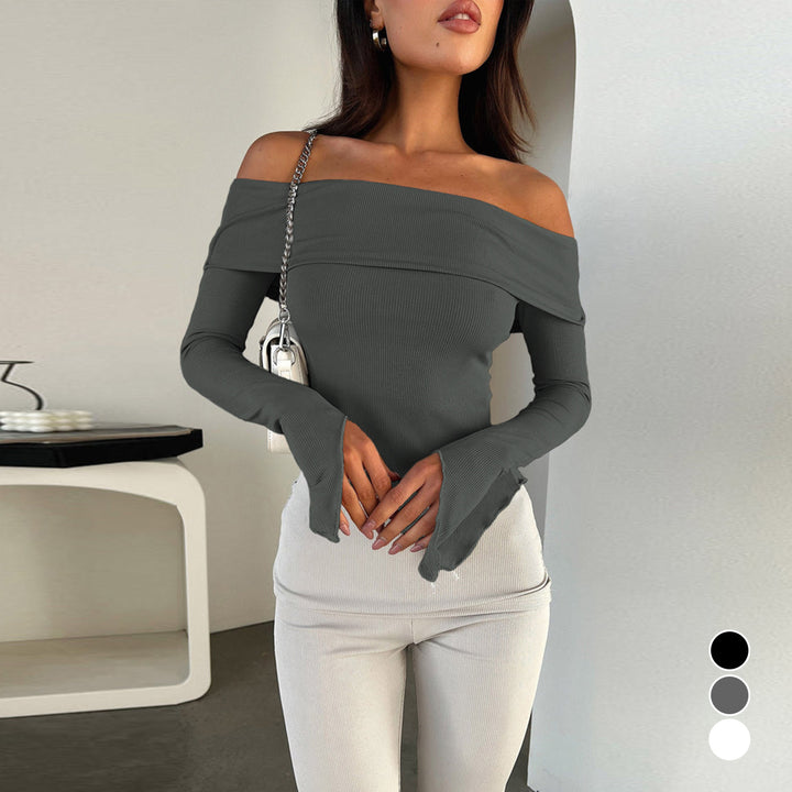 Damen Off-Shoulder Shirt mit eleganten Trompetenärmeln Lisslune