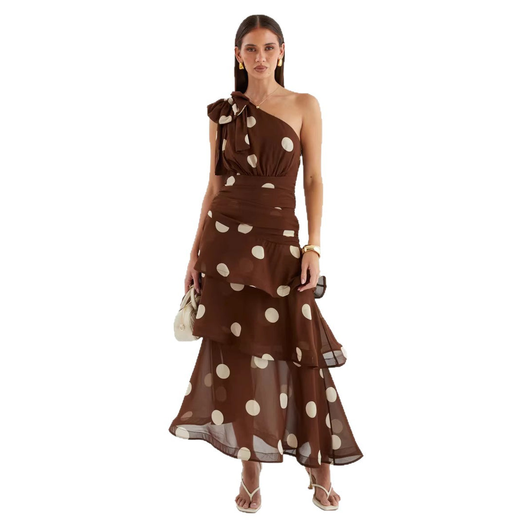 Women's maxi dress with asymmetrical shoulder design and voluminous skirt Lune London