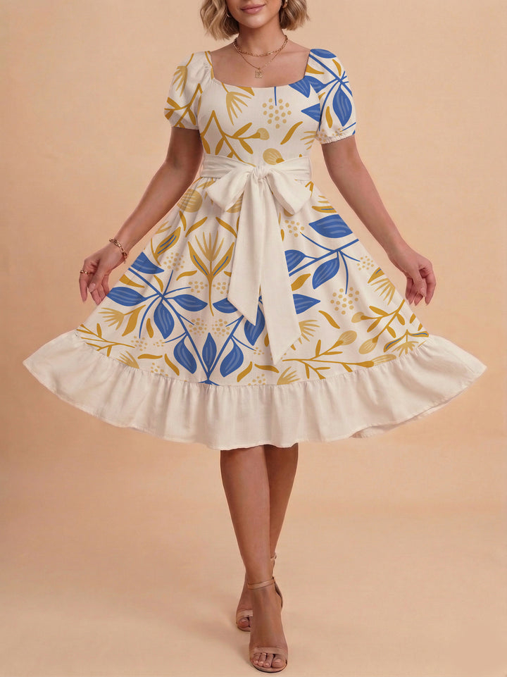 Women A-line dress with floral motifs and adjustable belt Lisslune