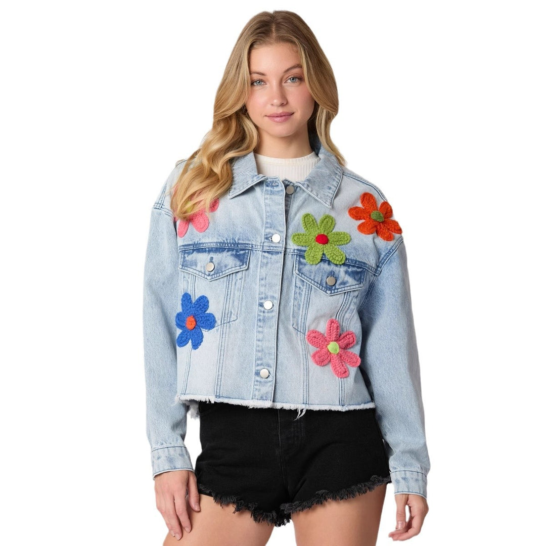 Women's cropped denim jacket with colorful football patches and casual cut Lisslune