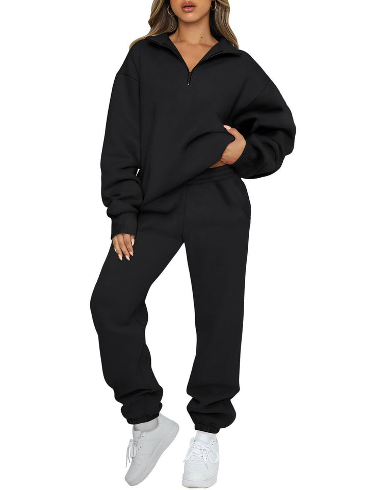 Women's comfortable sweatpants set with modern stand-up collar and kangaroo pocket Lisslune