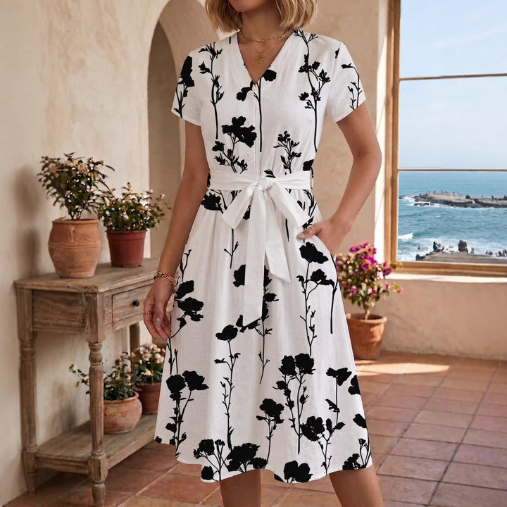 Women's Blooming Midi Dress with Adjustable Belt and Artistic Print Lisslune