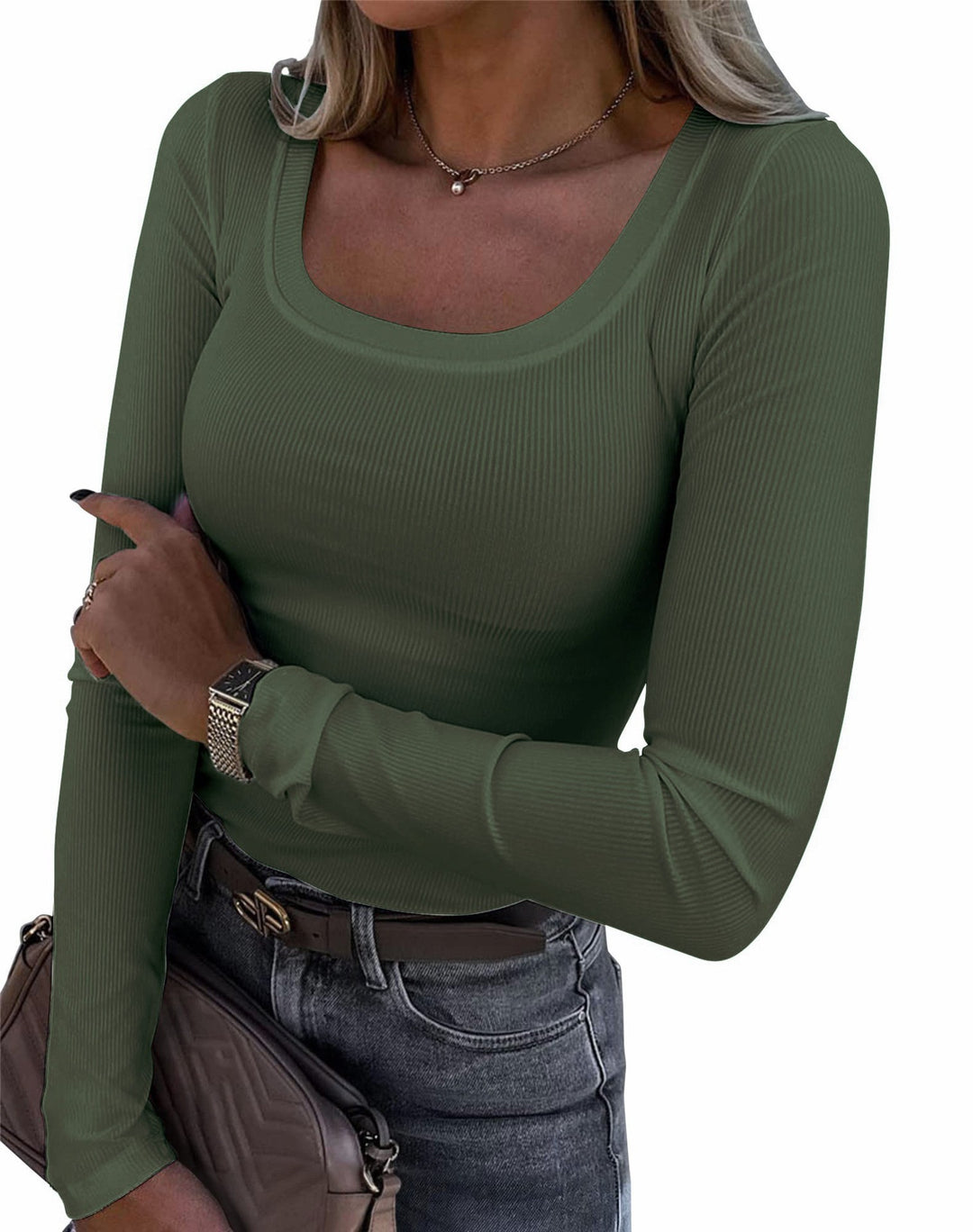 Women’s Long Sleeve Ribbed T-Shirt with Elegant Boat Neck Lisslune