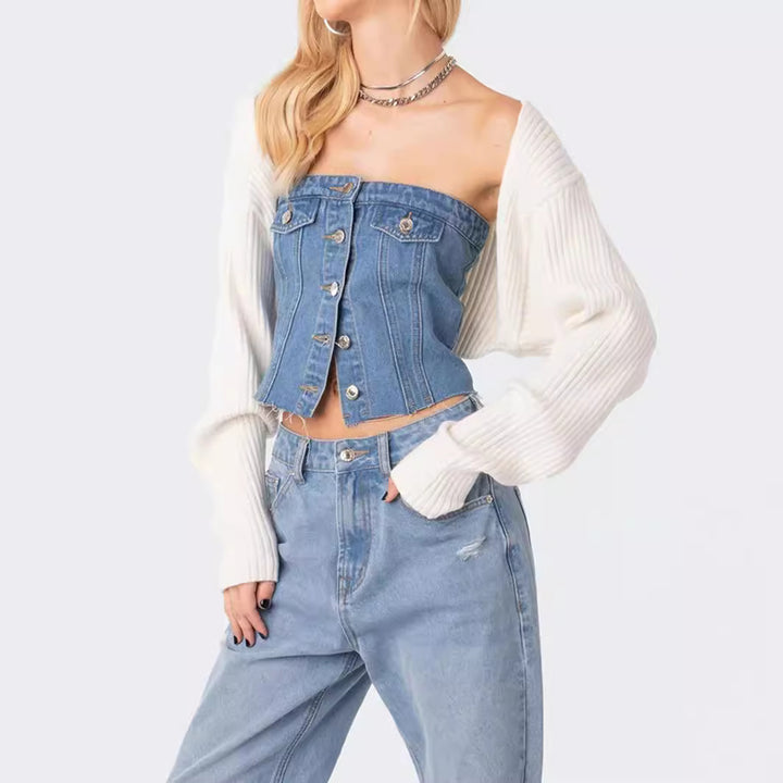 Women's Denim Crop Top with Knitted Overlay Lisslune