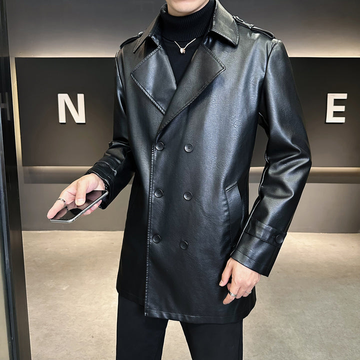 Men's Fashionable Synthetic Leather Trench Coat with Double Button Placket Lisslune