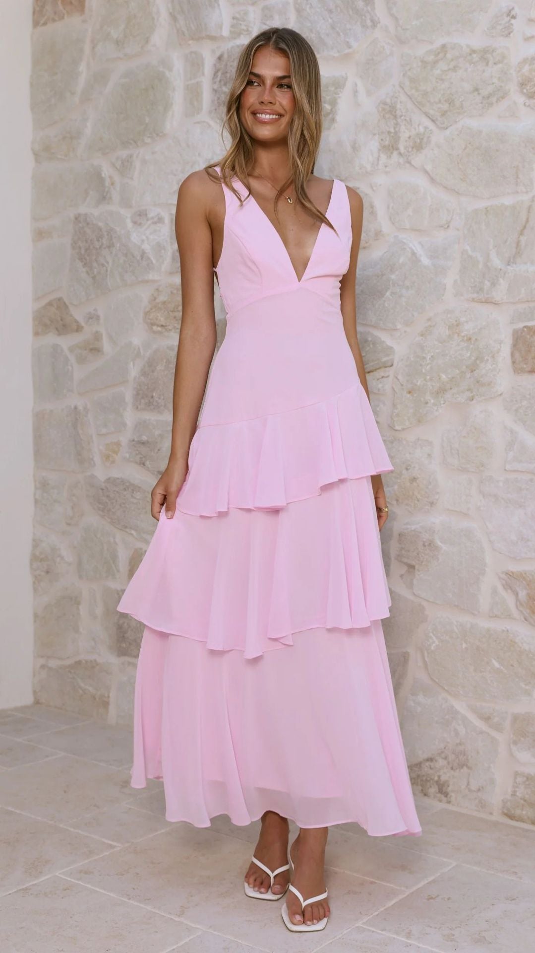 Women's maxi dress with seductive ruffle layers and deep V-neck