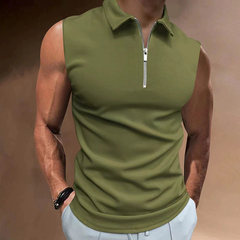 Men's Short Sleeve Polo Shirt with Modern Stand-Up Collar and Functional Zipper Lisslune