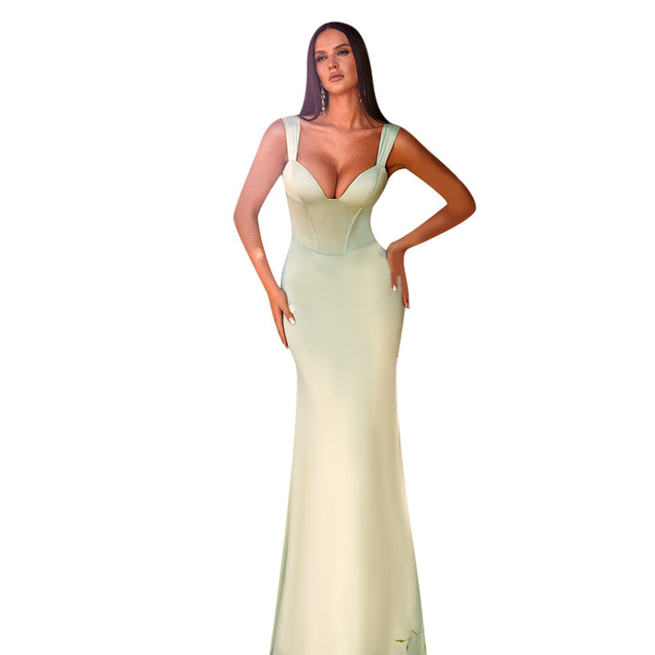 Women's figure-hugging evening dress with shimmering satin and deep V-neck